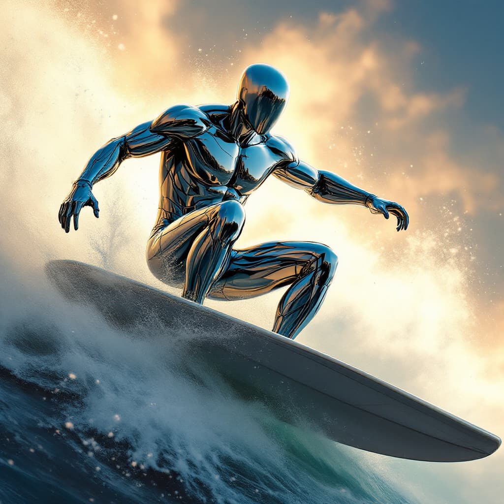 AI generated: The Silver Surfer on his surfboard.