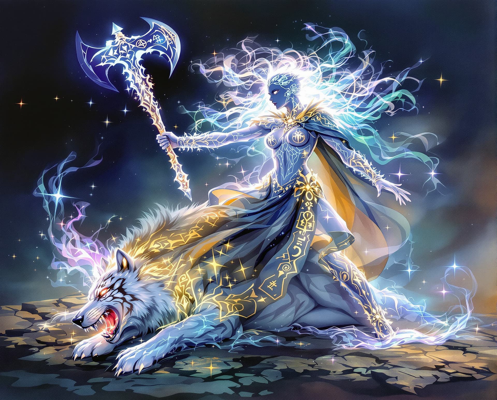 AI generated: Full-length masterpiece, ghostly phantasmal primordial stunning beautiful perfect female Viking form...