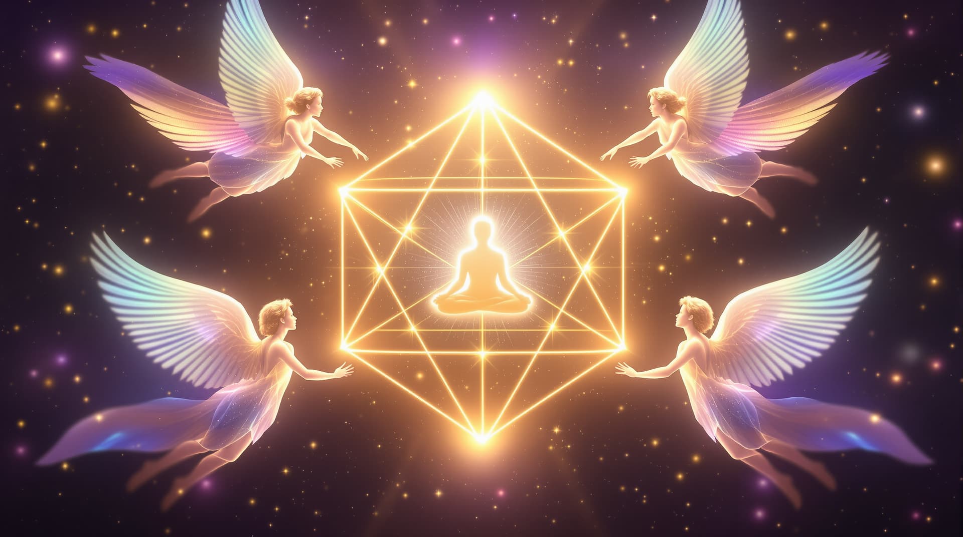 AI generated: YouTube thumbnail 16:9, cosmic, symmetric scene. At the center floats a golden luminous merkaba/stel...