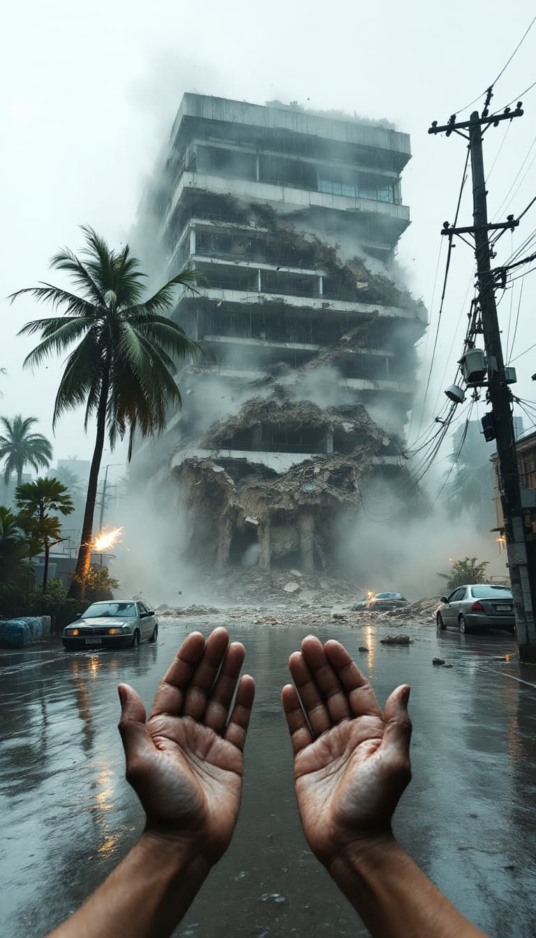 AI generated: First-person POV standing in a flooded street during the 2004 tsunami. The character’s dirt-covered ...