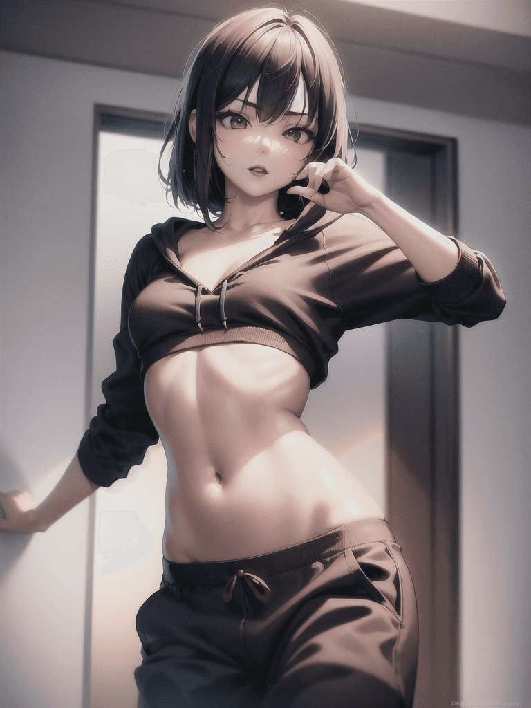 AI generated: 1 girl, beautiful Korean girl, (Cute Loose Bob hair), (wearing a cropped hoodie, capri sweatpants:1....