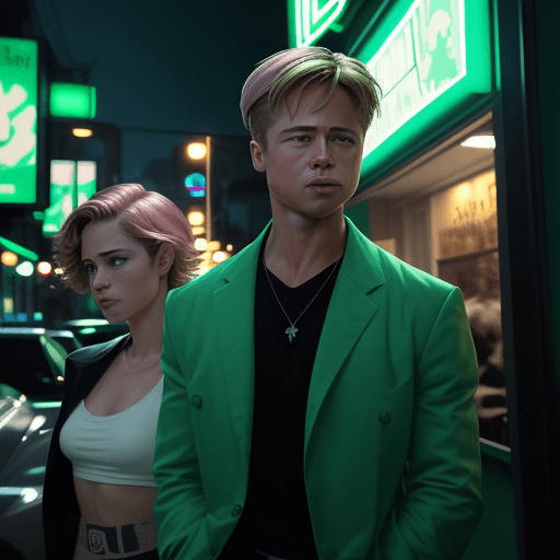 AI generated: Martin Ansin style, light green and light emerald green, young Brad Pitt in the background, with the...