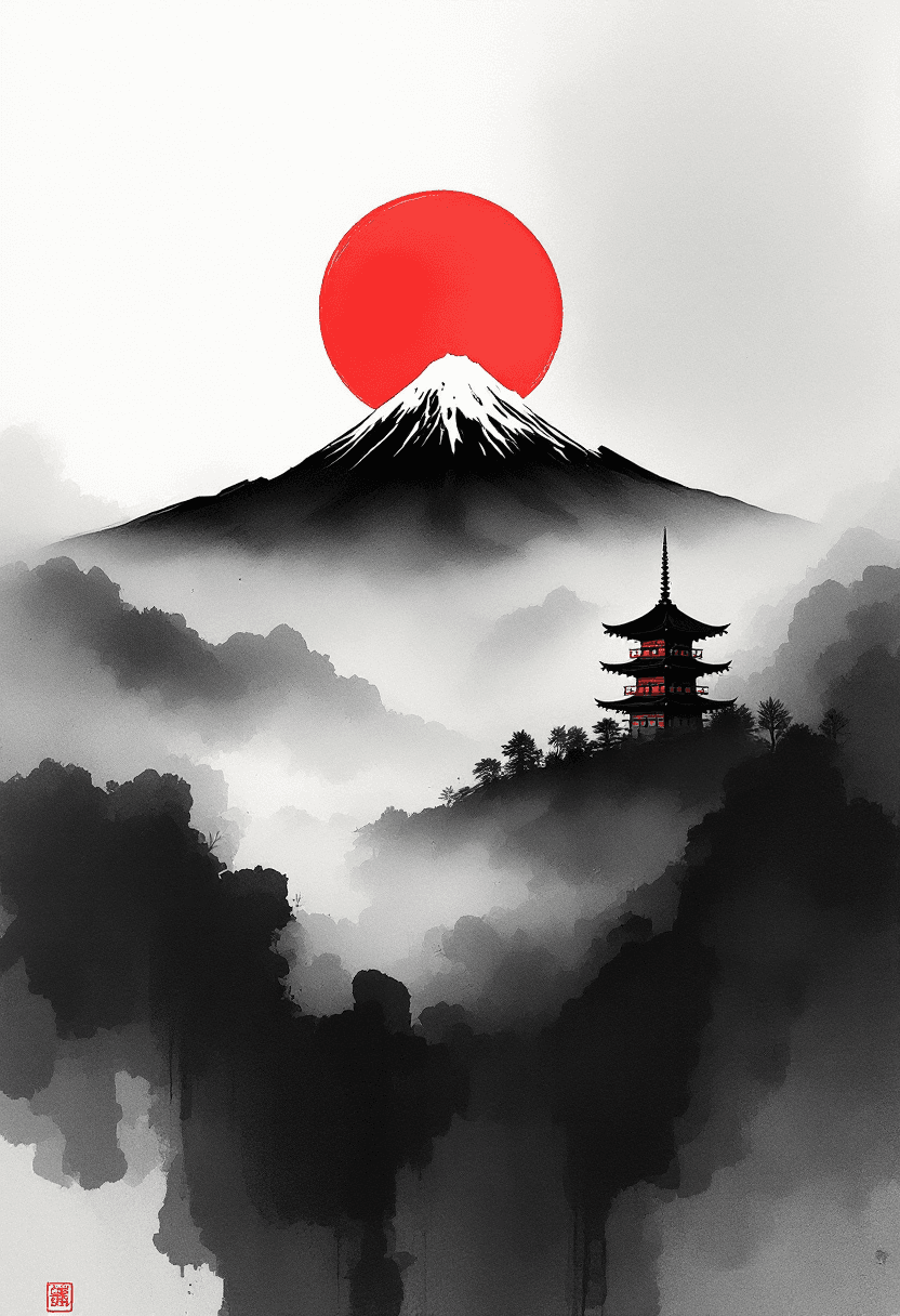 AI generated: Abstract ink wash painting, inspired by a misty Japanese landscape featuring Mount Fuji in the dista...