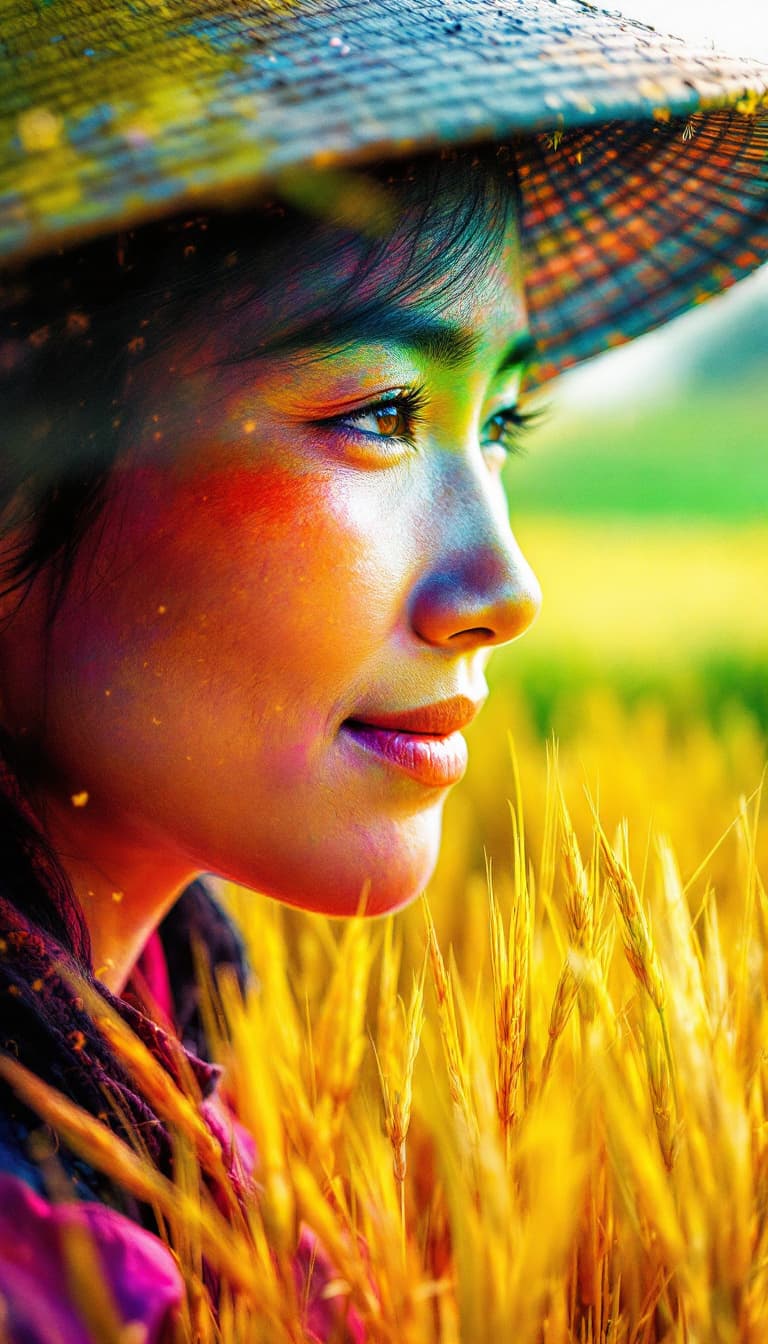 AI generated: Asian farmer + rice double color exposure effect