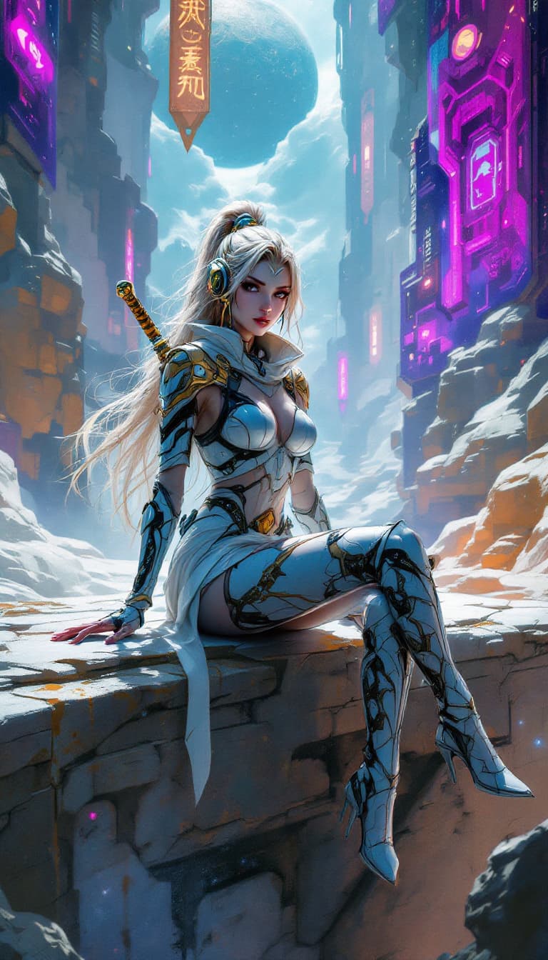 AI generated: futuristic woman sitting on a ledge, holding a sword, wearing a helmet, intricate details in her out...