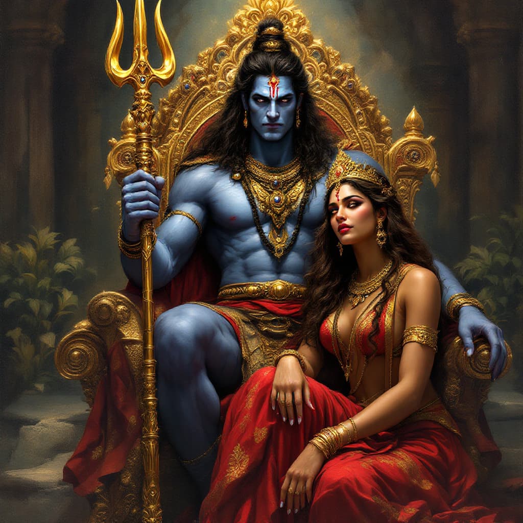 AI generated: lord shiva muscular blue color body and his Lady parvati An exquisite dark fantasy oil painting depi...