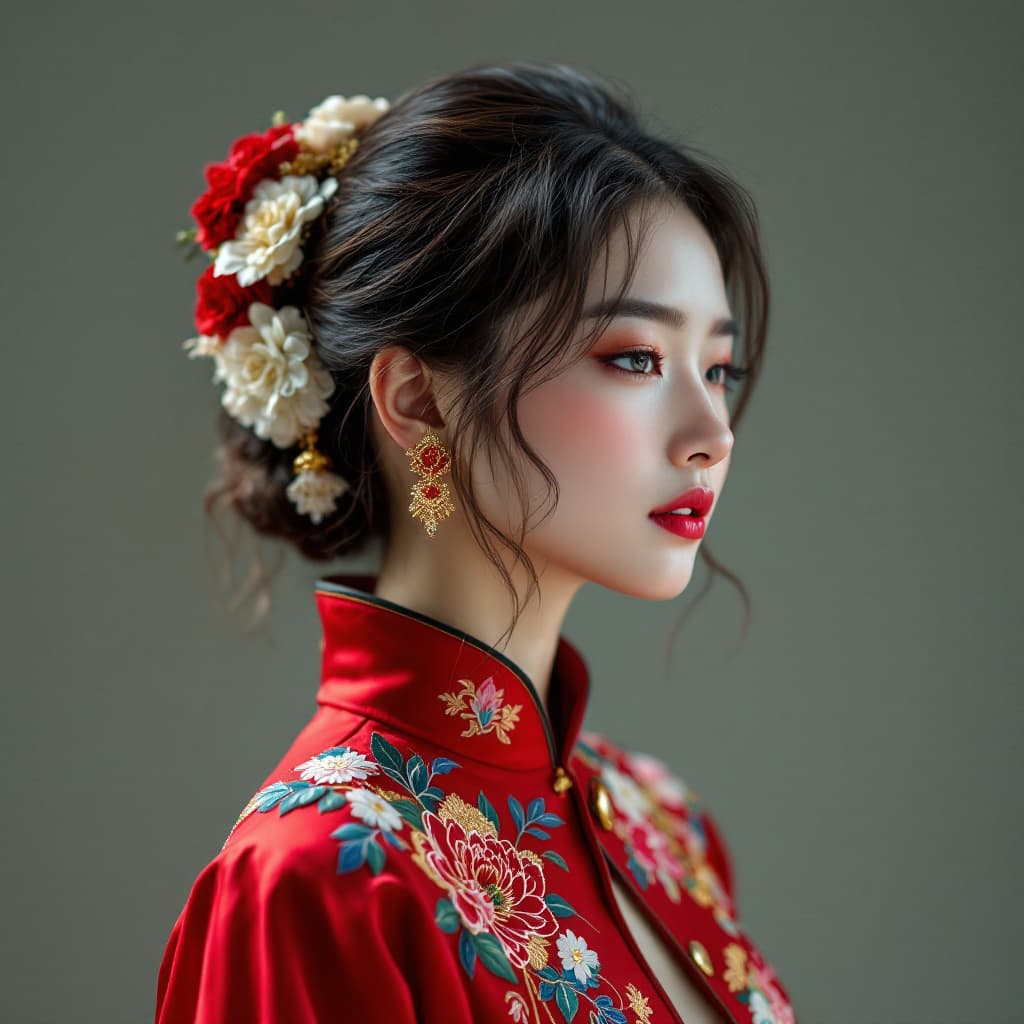 AI generated: High resolution photography of woman wear red jacket in modern Chinese style, on the two shoulders h...