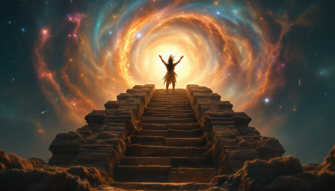 AI generated: Monumental Shaman Against the Cosmic Sky
The camera is placed at the base of a towering temple pilla...