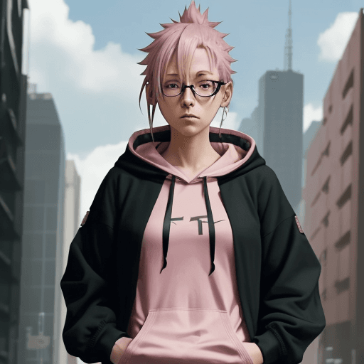 AI generated: 1 girl, solo, tall, in hoodie, tall, cowboy shot, hands in pocket, pink hair, looking at viewer, juj...