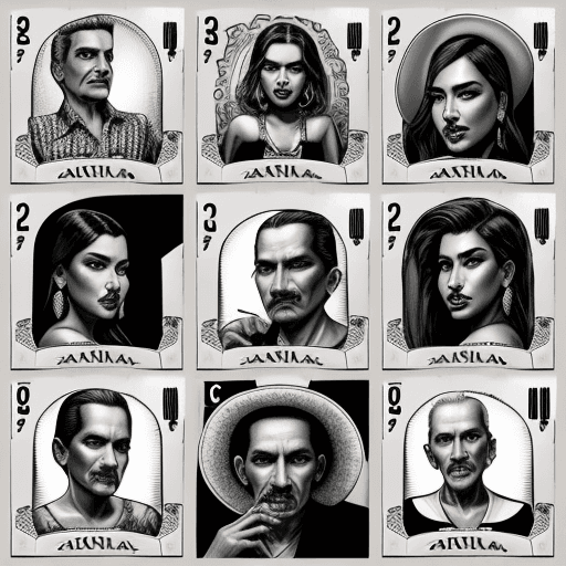 AI generated: black and white, cartel, portraits, musicians, legends. In the style of Loteria game sets published ...