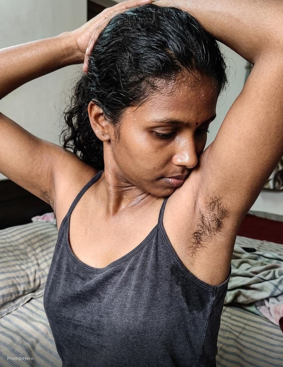 AI generated: Sweaty skin and hair and showing armpit sweaty hair patch and pose like holding two hands on up hair...