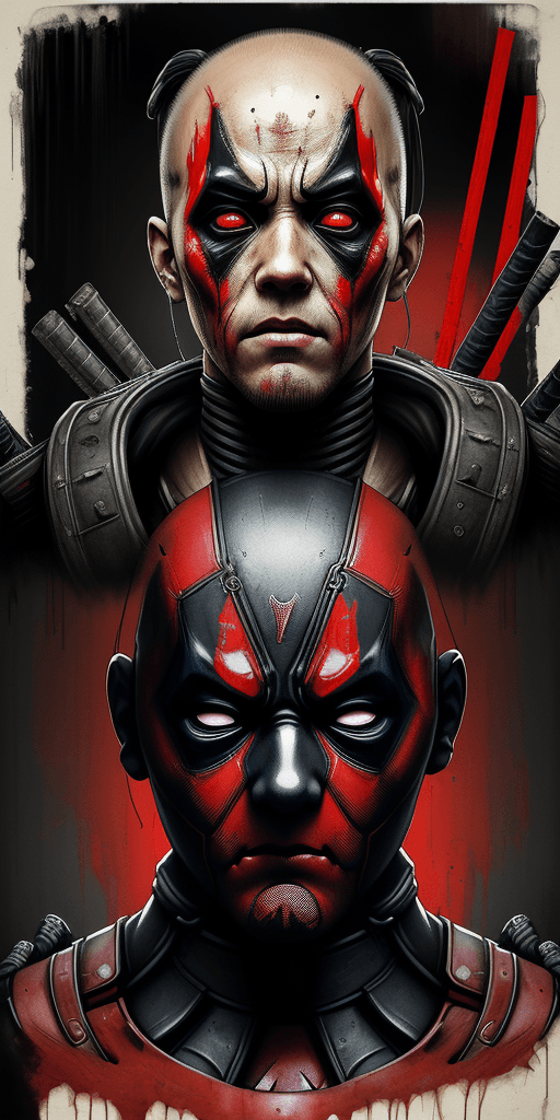 AI generated: Overlay Japanese type. A poster with of deadpool, extremely detailed eyes and face, portrait, bloody...