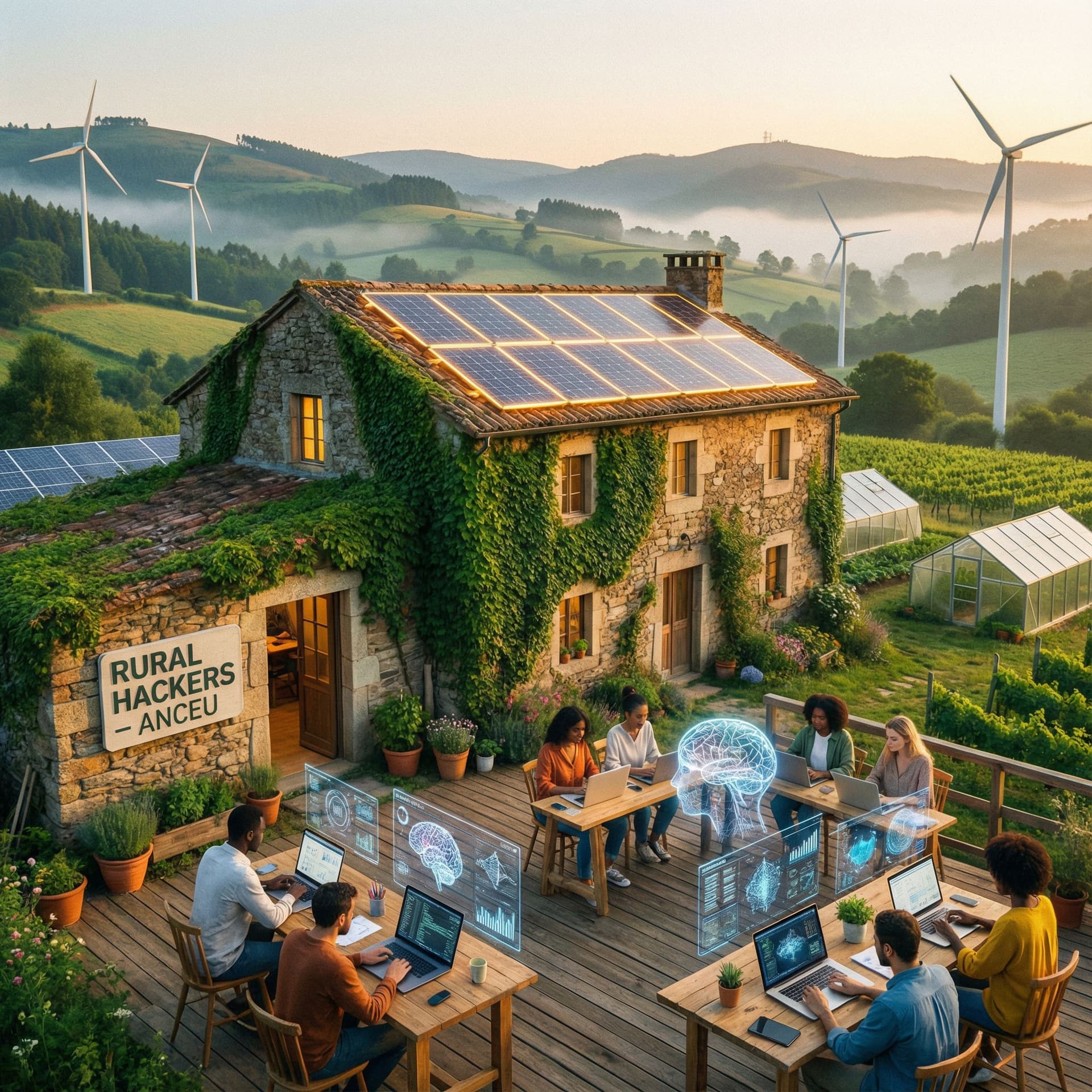 AI generated: A solarpunk style photograph of the "Rural Hackers" hub in Anceu, Galicia. A centuries-old granite s...