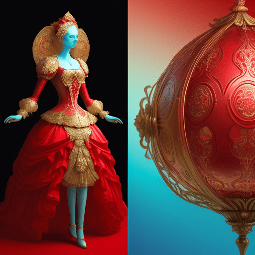 AI generated: a female in a red outfit standing, light cyan and gold, digitally manipulated images, spherical scul...