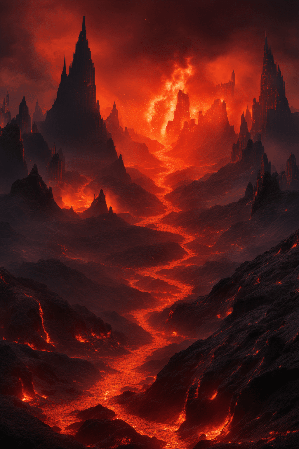 AI generated: A hellish landscape, vast rivers of molten lava flowing through cracked obsidian ground, towering de...