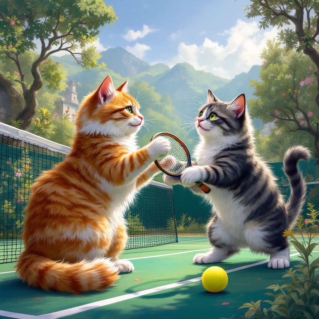 AI generated: "two cats playing tennis with each other on a proper tennis court, fantasy art, highly detailed, vib...
