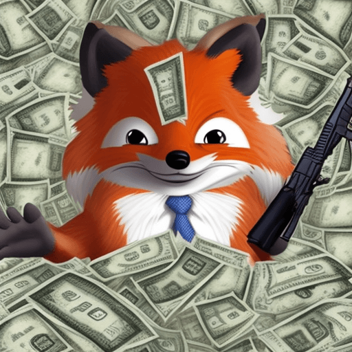 AI generated: A 3d fox character surrounded by dollar bills, with dollars floating, holding a gun and smiling, fis...