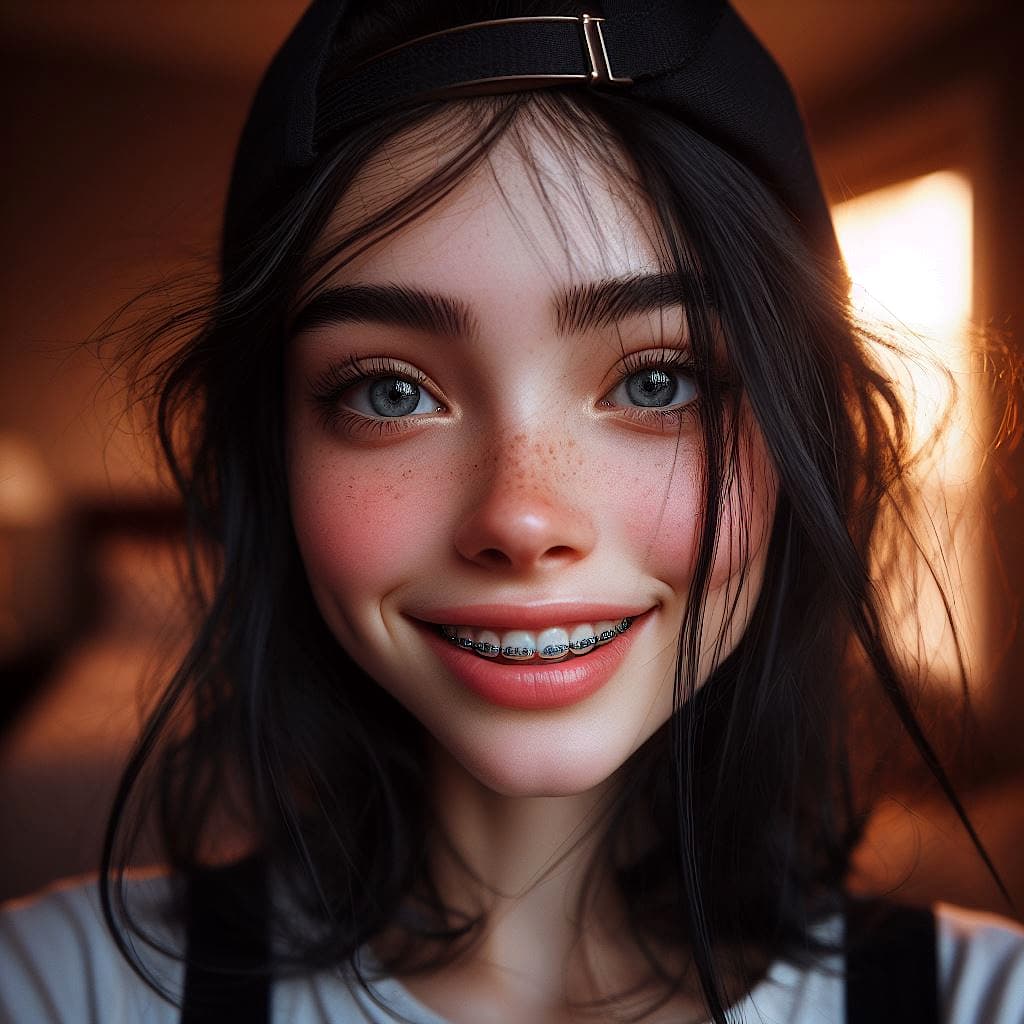 AI generated: hyper realistic selfie portrait of a teen girl, messy black hair (backwards cap),shy smile (wearing ...