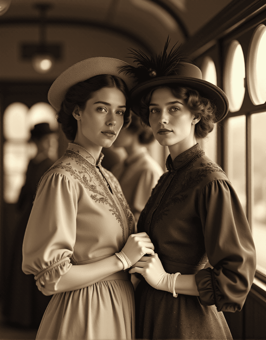 AI generated: sepia photography, two young french women, brown hair, tall and beautiful, standing In a tram of the...