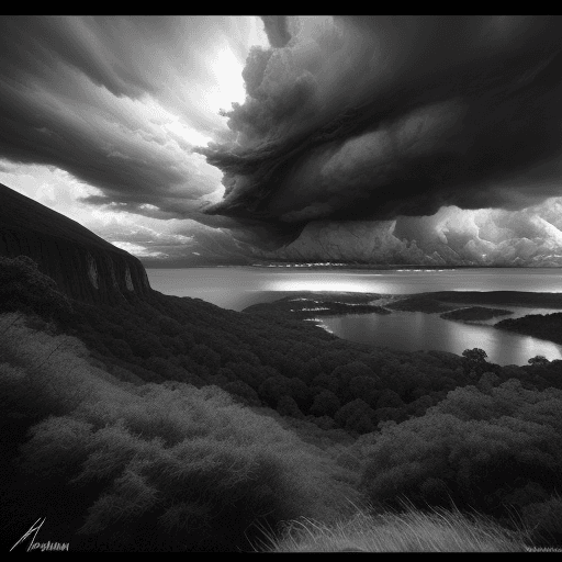 AI generated: Hyper realistic landscape in b&w Ansel Adam style, the Sky are very dark and stormy. The sun as diff...