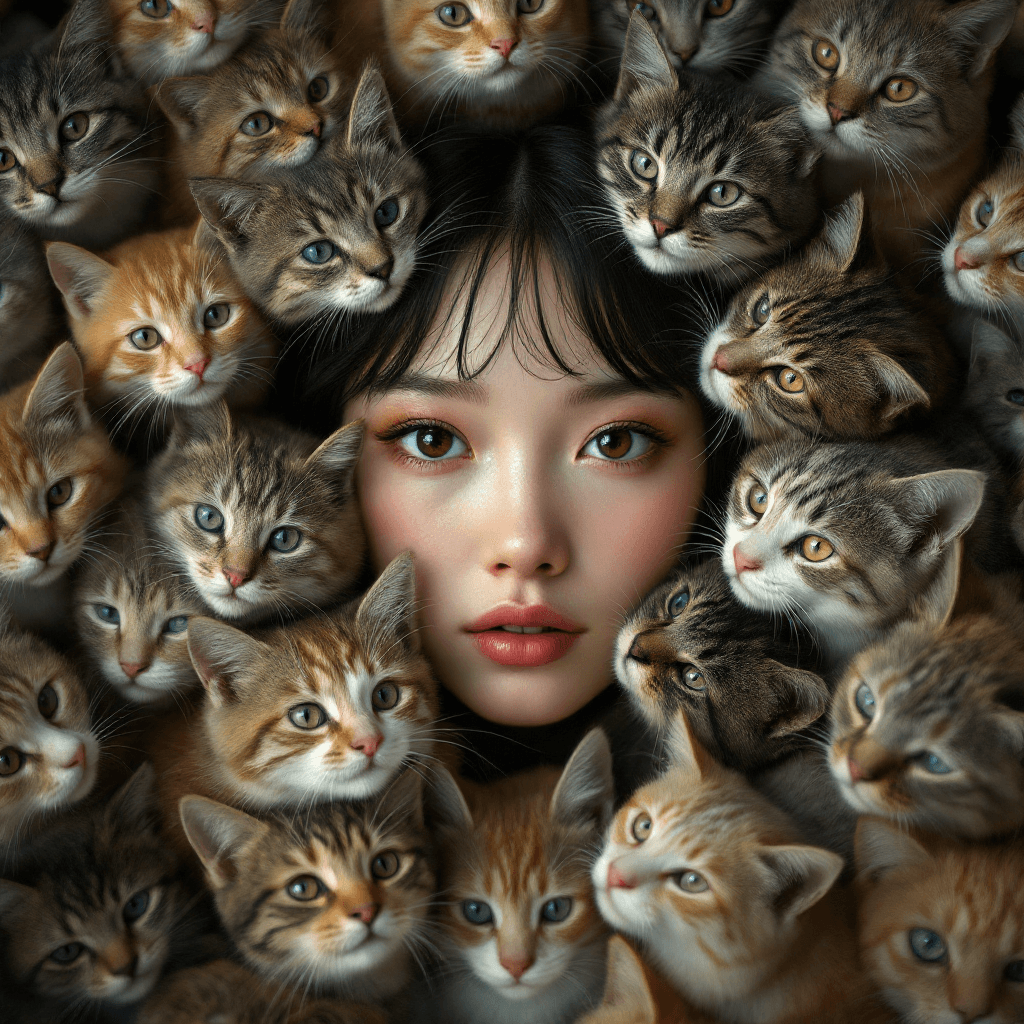 AI generated: a girl's face in the middle of many cats face, in the style of chinapunk, iconic album covers, soft-...