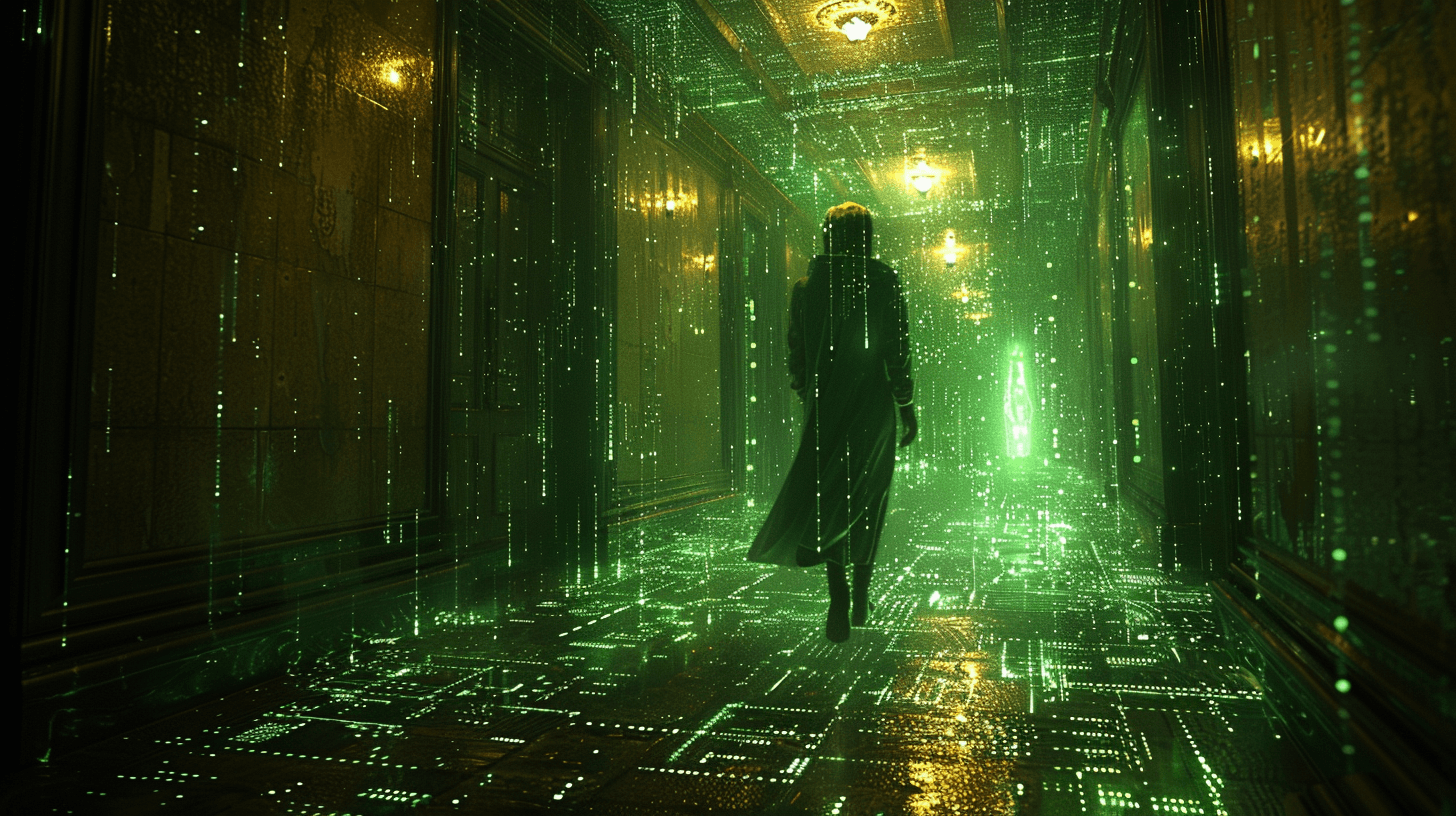 AI generated: A scene from the Matrix world with digital rain -- human batteries -- sentient machines -- neon gree...
