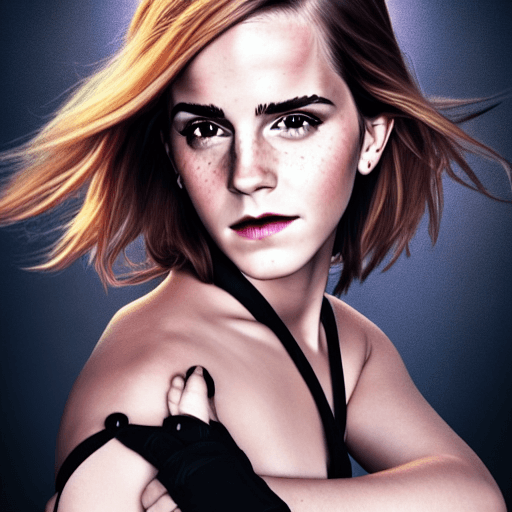 AI generated: full body shot of sexy beautiful emma watson, dominatrix, bdsm outfit, round eyes, long hair, symmet...