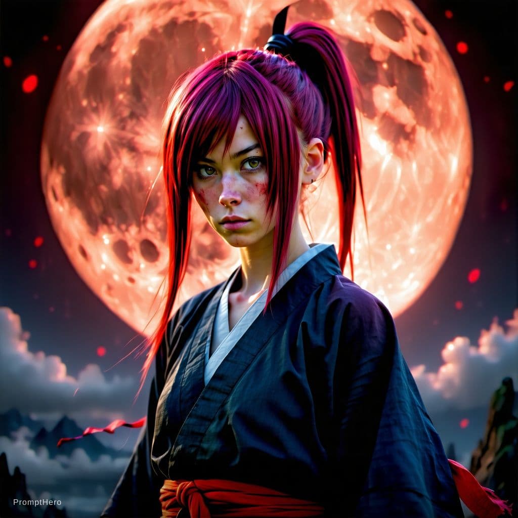 AI generated: portrait of sukuna with red hairs, jujutsu kaisen, full red moon, uhd, ultra realistic, unreal engin...