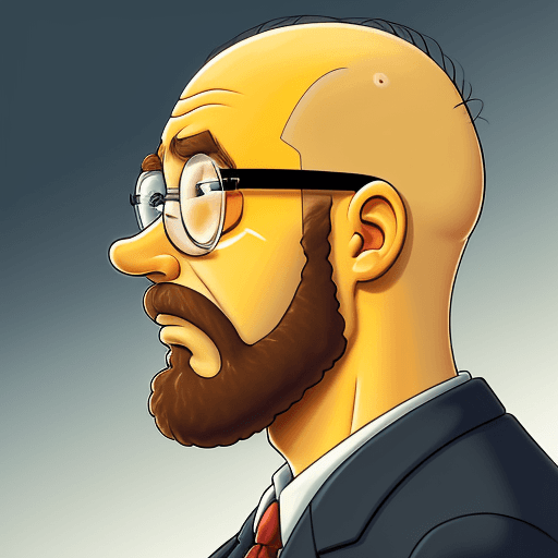 AI generated: simpson characther, bald, bearded boy, square glasses, profile, sad, crying 