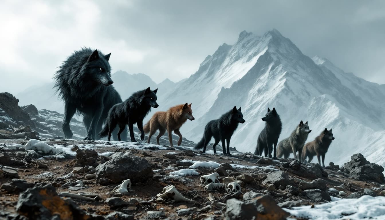 AI generated: A giant black wolf walks, followed by five wolves of different colors, black, brown, and a reddish o...