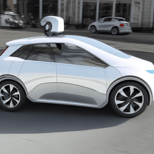 AI generated: Vehicule du futur autonome, blanc brillant, reflection, 6 roues, photorealiste, petite taille, trans...
