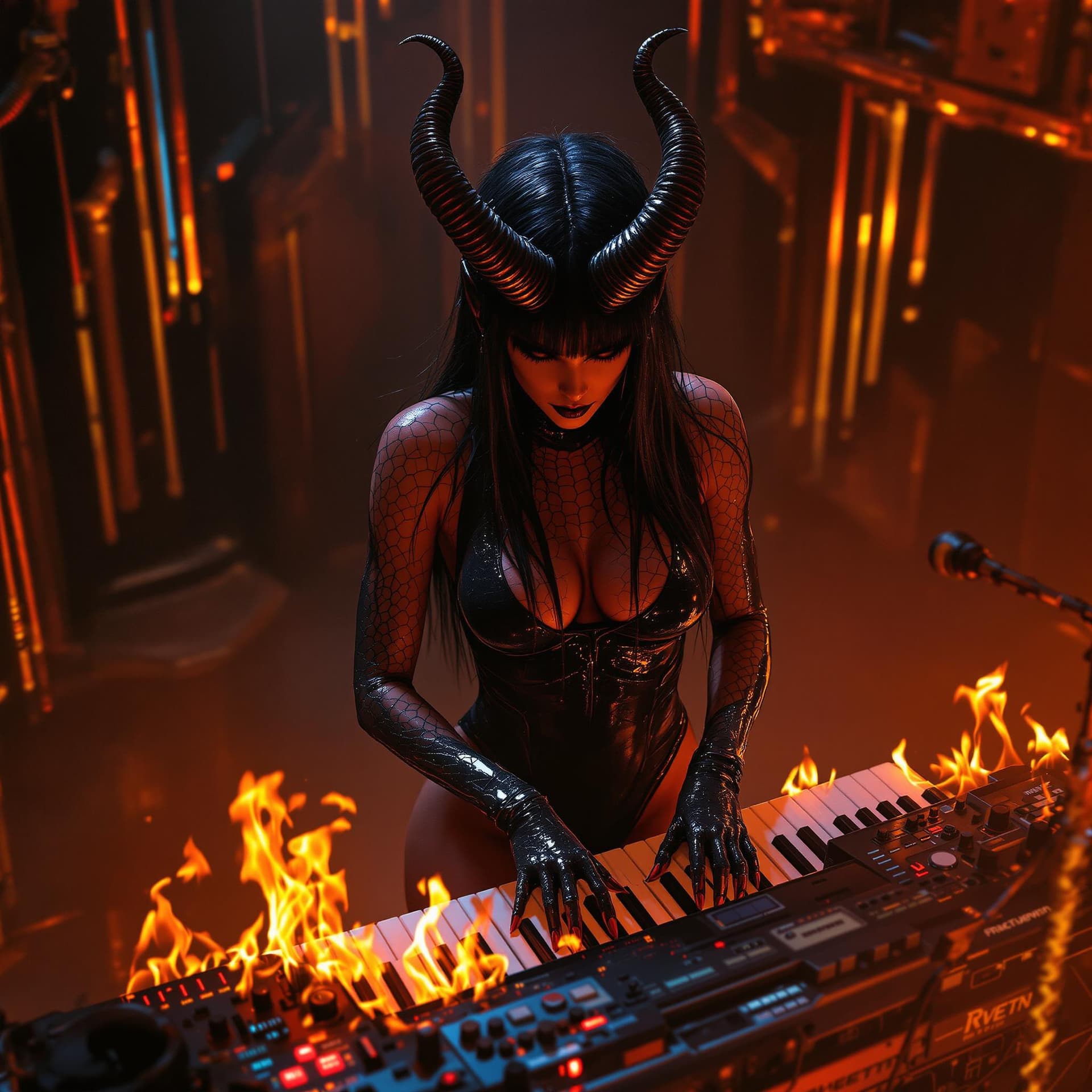 AI generated: High-angle shot of a female red demon character, bathed in warm, golden light, reminiscent of Zdzisł...