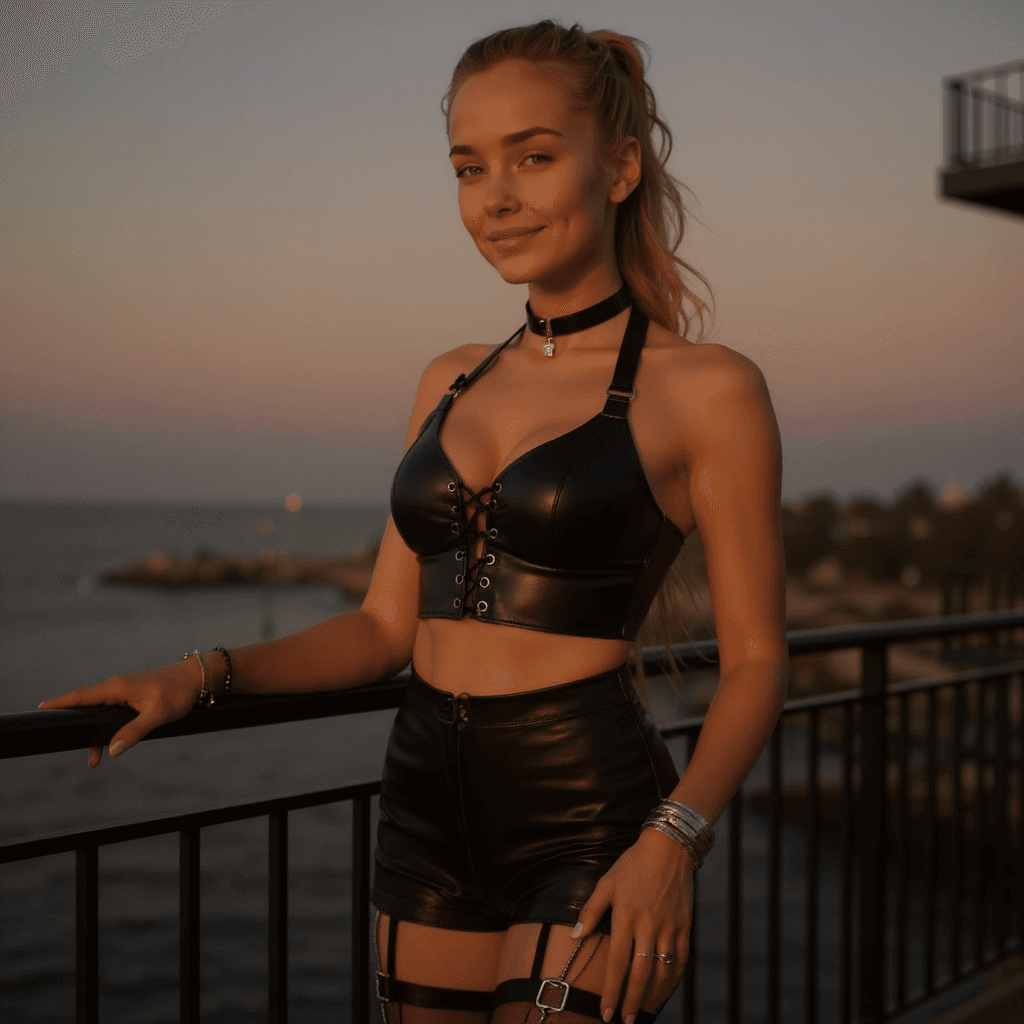 AI generated: A young woman with dark blond hair is up in ponytail. stands confidently on a seaside balcony during...