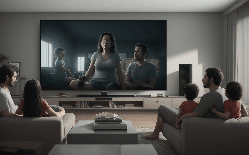AI generated: A family sitting in their living room watching tubi tv on their big screen tv. cinematic, hyper real...