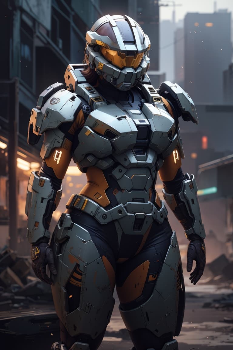 AI generated: character portrait of a big bulky female warrior in halo spartan armor in a desolate cyberpunk waste...