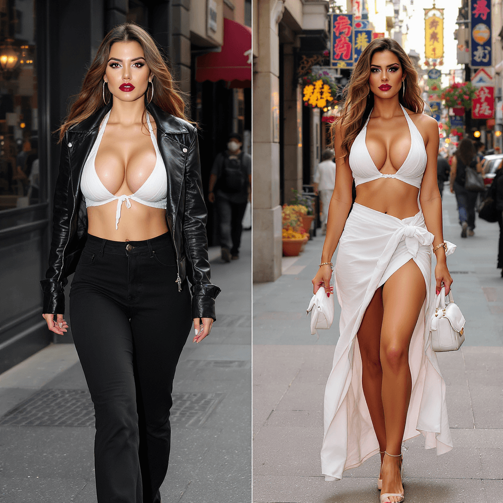 AI generated: thinner waist, enhanced fuller pushed up extremely lifted cleavage, fuller lips, change jacket to le...