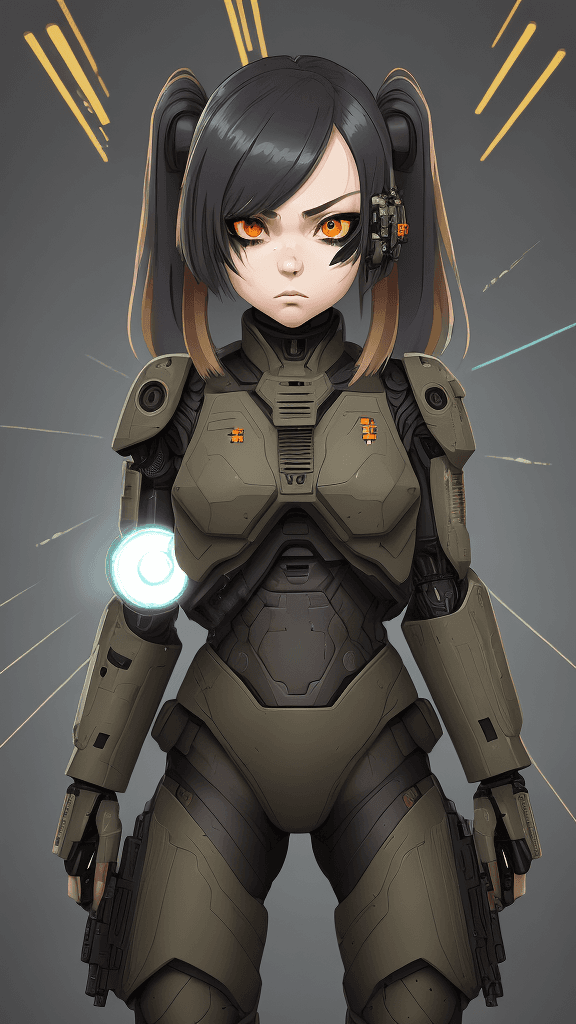 AI generated: in a neutral background portrait of little ((((Cyborg/army/female)))):4.4, wear((army attire)):2.2, ...