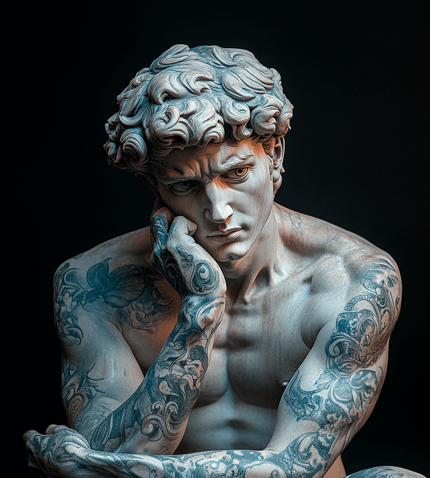 AI generated: A statue of David in the style of Michelangelo, covered in tattoos, against a black background, with...