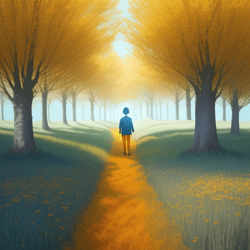 AI generated: a boy walking through a field, in the style of ethereal trees, dark yellow and azure, majestic, swee...