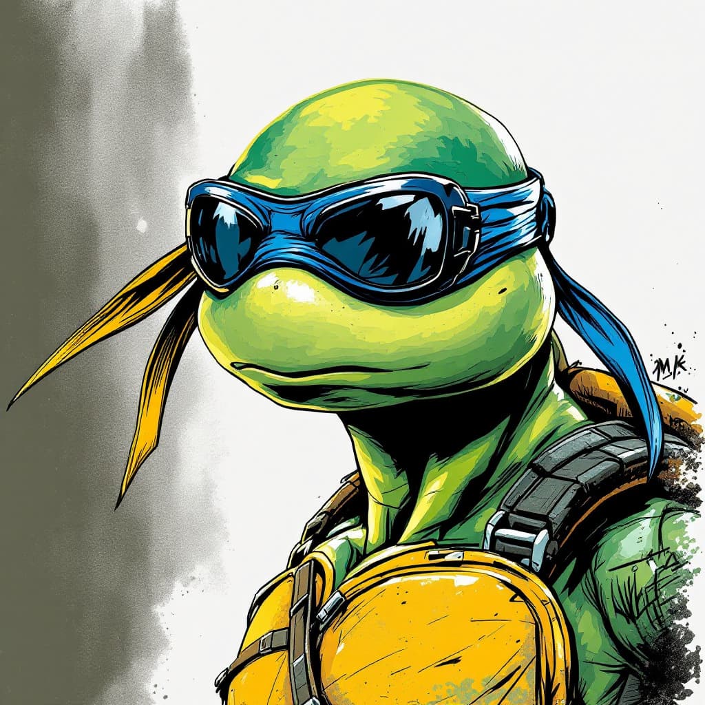 AI generated: a masterpiece drawing of a teenage ninja turtle, perfect design, masterful coloring, great shading, ...