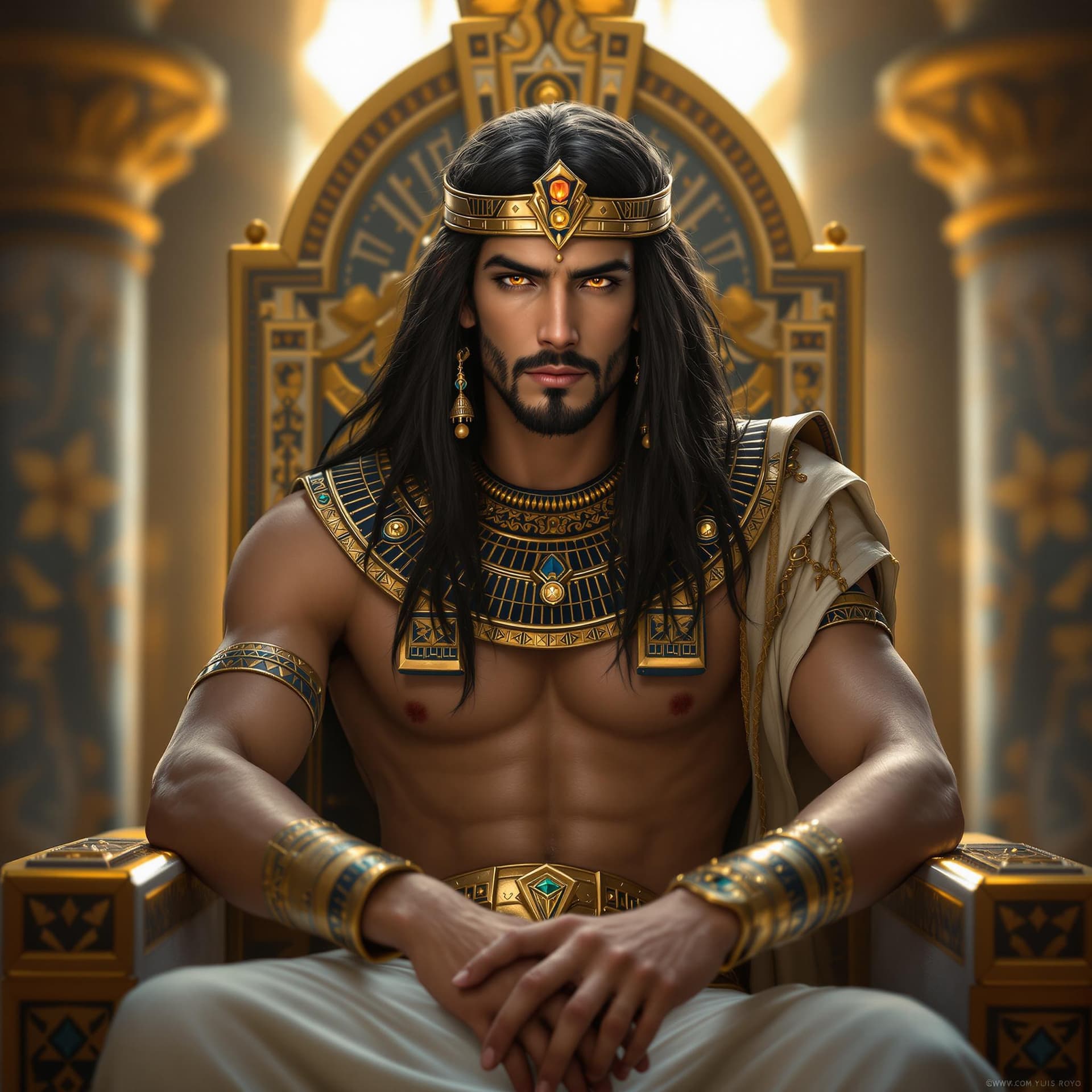AI generated: an eclectic 26 year old Egyptian man, a pharoah, golden eyes, soft long black hair, throne, posing, ...
