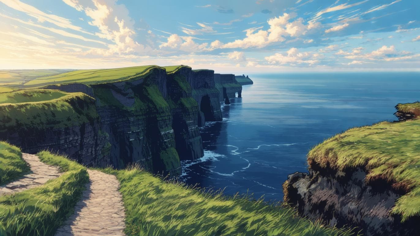 AI generated: Anime-style static desktop wallpaper of peaceful coastal cliffs along the Irish shoreline. Rolling g...