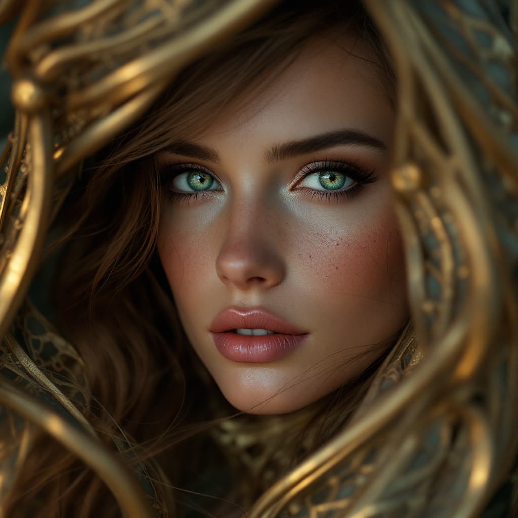 AI generated: a woman with green eyes, in the style of realism with fantasy elements, daz3d, fine art realism, mag...