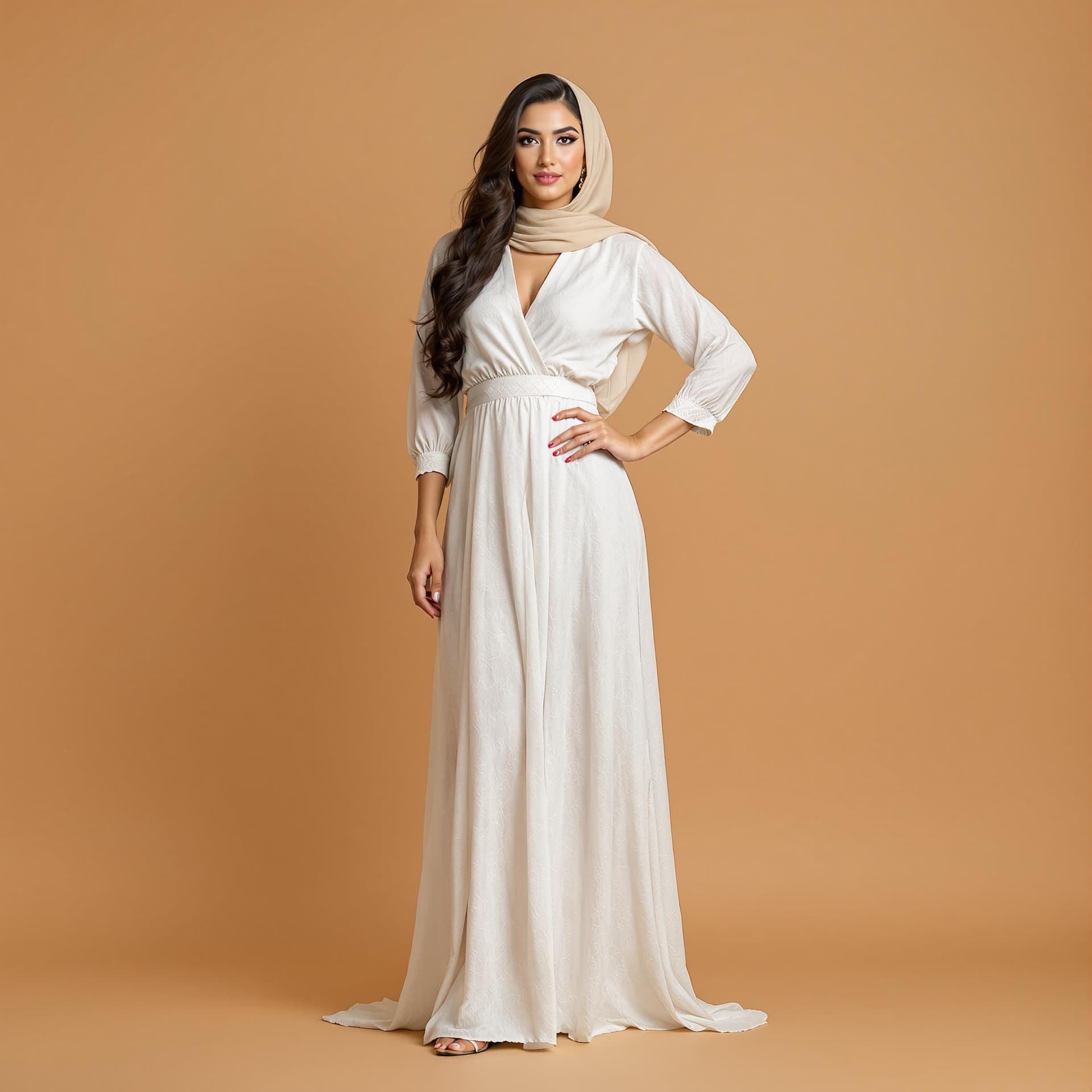 AI generated: Full-length portrait of a stunning Arab woman posing confidently against a warm beige backdrop.