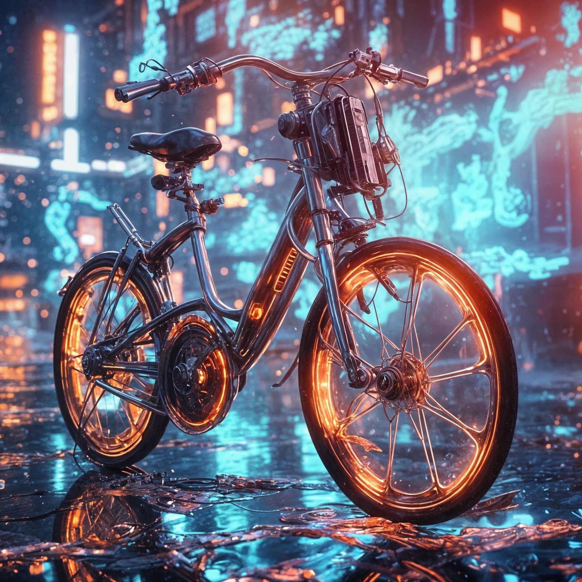 AI generated: Anime style vibrant colour bi-cycle on a dark street, being surrounded with water element vfx. High ...