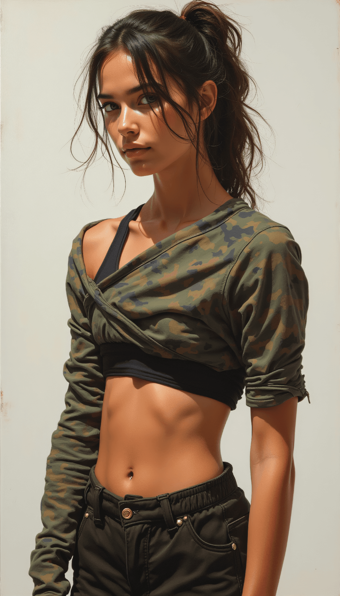 AI generated: Oil painting with energetic brushwork of a female parkour athlete, wearing a utilitarian crop top an...