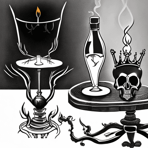 AI generated: A minimalist black and white tattoo scene with an ornate table. On the table: a skull with a laurel ...