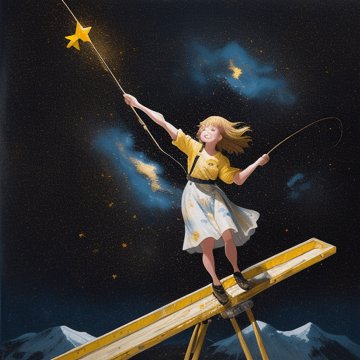 AI generated: Acrylic painting of a young girl
 ascending a mountain enveloped in a galaxy of yellow stars, gripp...