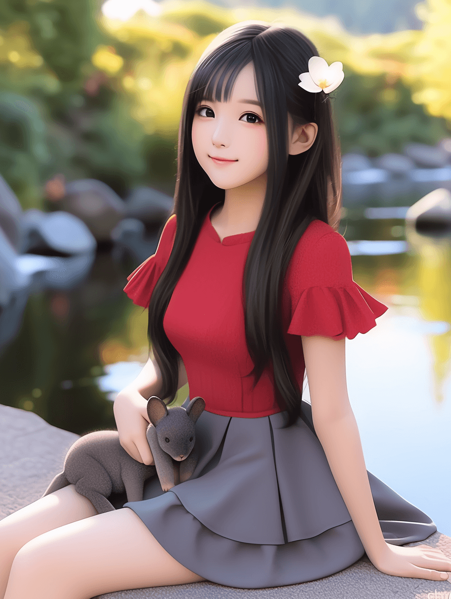 AI generated: A very lovely 18-year-old girl with long black hair sits near the lake. She wearing an elegant top o...