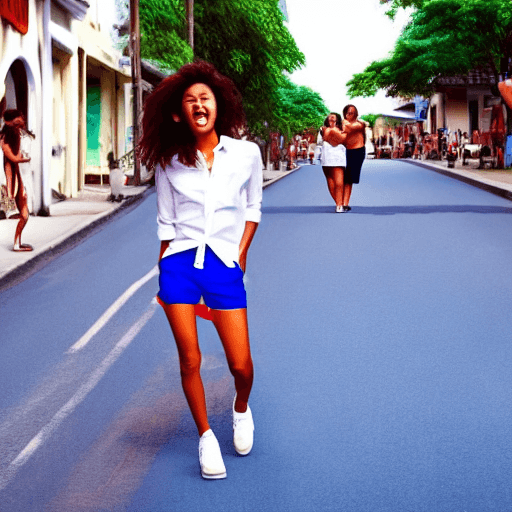 AI generated: The image features a woman walking down a street, wearing a white shirt and blue shorts. She is the ...